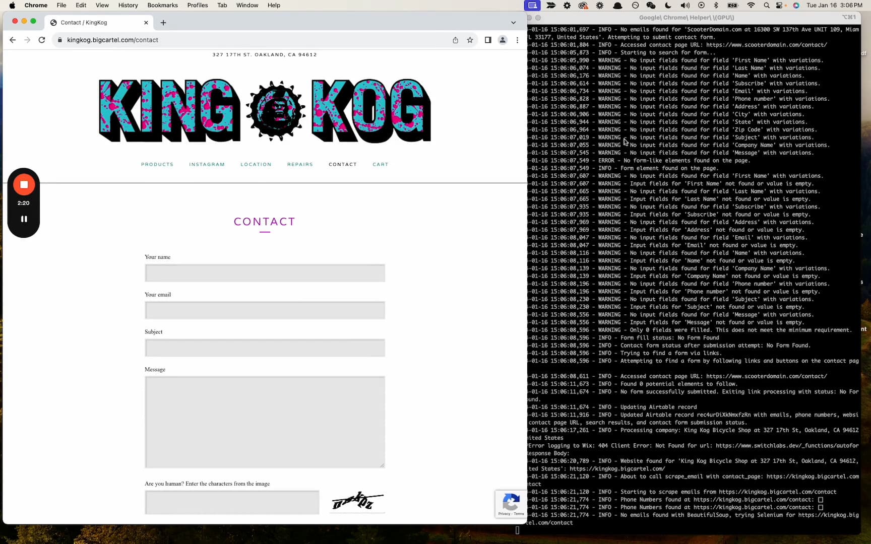 Automated contact form submission interface